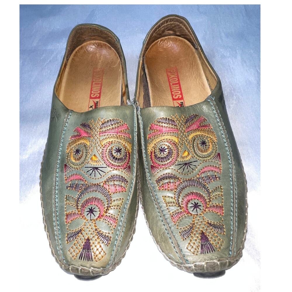 Pikolinos Jerez Embroidered Loafers - Women's Size 37 (US6.5-7) - In Sage Green